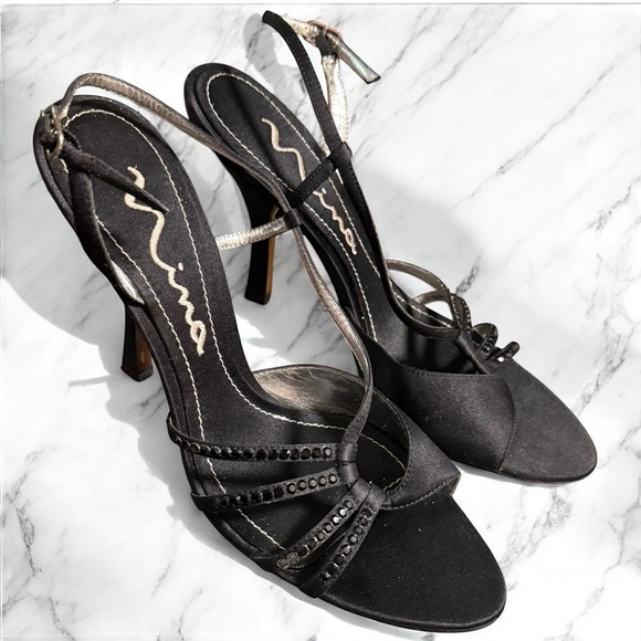 Nina Black Satin Embellished Strappy Dressy Heels Size 9 Formal‎  Wedding - Picture 1 of 8